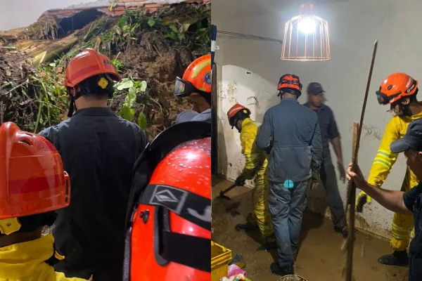 imagem colorida mostra bombeiros trabalhando após deslizamento de terra em São Beranrdo do Campo - metrópoles