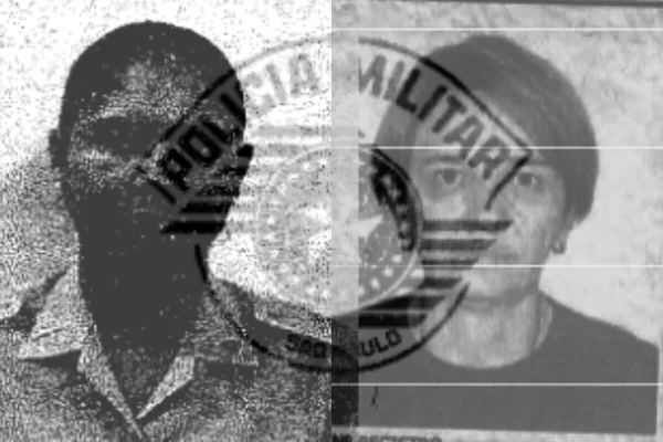 Arte grafica em preto e branco com logotipo da pM de São Pualo ao fundo e rosto, em tranaparência, de duas mulheres justaponto a imagem da polícia - Metrópoles