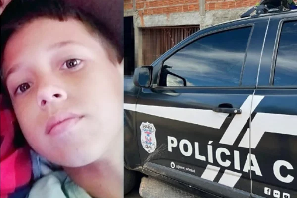 Montagem de um menino vítima de bala perdida e de uma viatura da polícia civil - Metrópoles