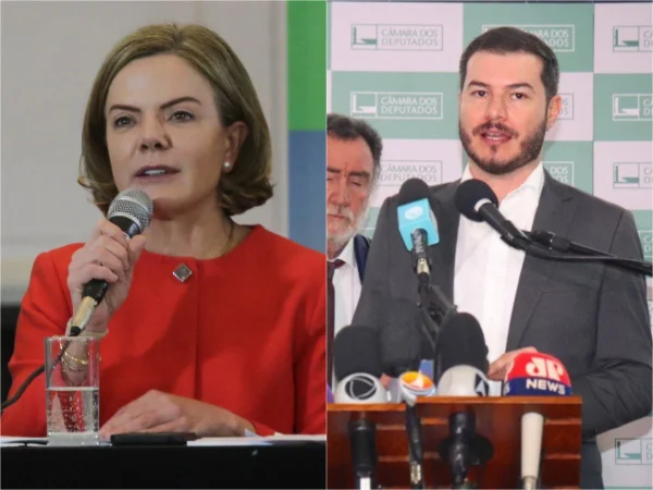 Montagem de fotos coloridas mostra Gleisi Hoffmann, mulher branca, de cabelo loiro e roupa vermelha, ralando ao microfone, à esquerda, e Juliano Medeiros, homem branco, de cabelo e barba castanhos, vestindo terno cinza, também falando ao microfone - Metrópoles