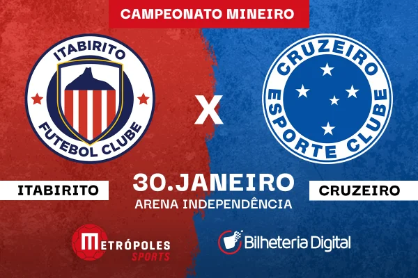 Arte colorida com escudos de Itabirito e Cruzeiro em jogo do Metrópoles Sports - Metrópoles