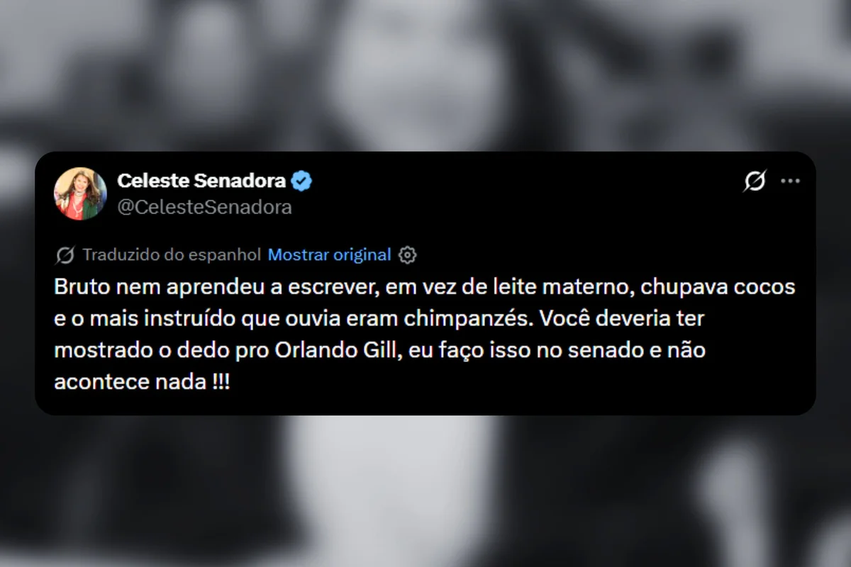 "Bruto, nem aprendeu a escrever. Em vez de leite materno, chupava cocos e o mais instruído que ouvia eram chimpanzés. Você deveria ter mostrado o dedo pro Orlando Gill, eu faço isso no senado e não acontece nada !!!" "Bruto, nem aprendeu a escrever. Em vez de leite materno, chupava cocos e o mais instruído que ouvia eram chimpanzés. Você deveria ter mostrado o dedo pro Orlando Gill, eu faço isso no senado e não acontece nada !!!"