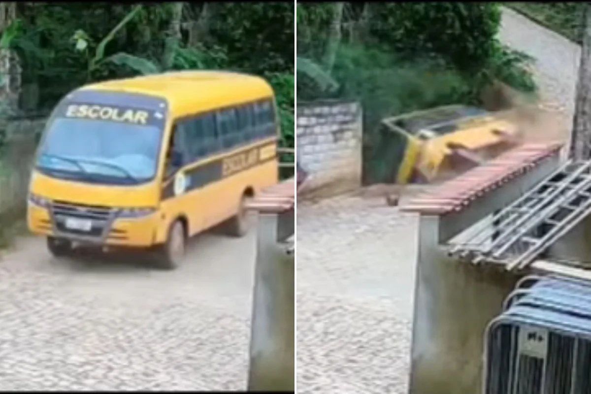 Ônibus escolar despenca de barranco e cai em rio em MG; motorista se feriu