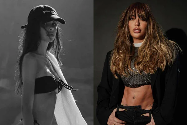 foto preto e branco de mulher magra de cabelos escuros de biquini e foto colorida de rafaella santos - metrópoles
