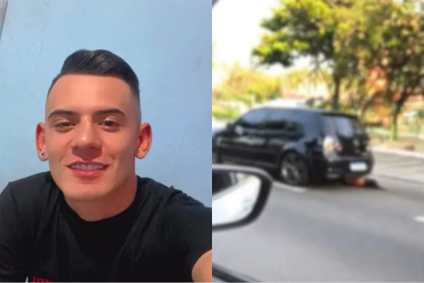 Imagem colorida mostra Douglas Alves da Silva e momento em que ele arrasta a ex. Metrópoles