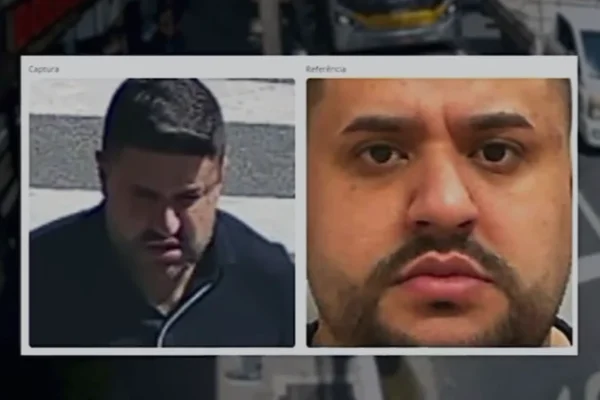 Imagem colorida de duas fotos de um homem de cabelo e barba escura procurado pela Justiça do Paraná e identificado pelo Smart Sampa - Metrópoles