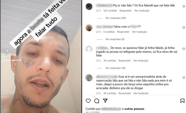 Em imagem colorida homem com o rosto tatuado, a esquerda, ao lado de mensagens duvidando da honestidade dele - Metrópoles