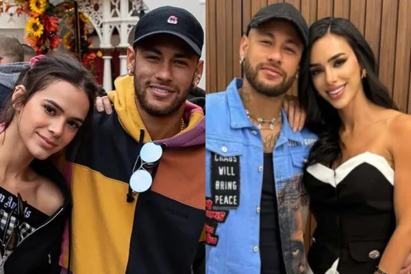 Montagem com fotos de Neymar ao lado de Bruna Marquezine e Biancardi
