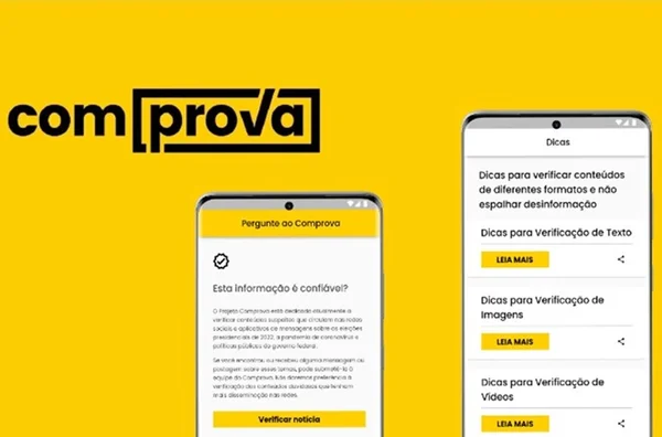 Imagem colorida do aplicativo lançado pelo Projeto Comprova