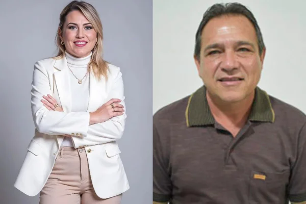 Juliana Maria Teixeira da Costa (esq.), vice-prefeita de Ribeira, e Ari do Carmo Santos (dir.), prefeito de Ribeira. Ela é acusada de fazer "amarração" com verba pública, e ele é acusado de improbidade administrativa. - Metrópoles