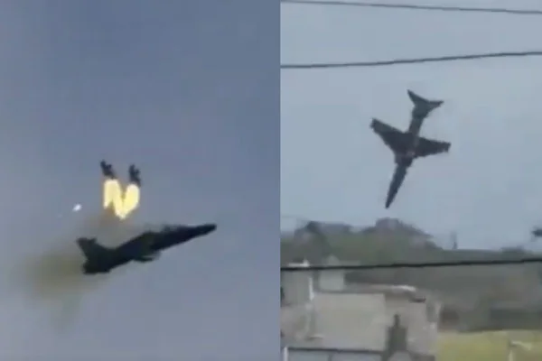 Montagem com fotos coloridas de pilotos ejetando e aeronave colidindo no solo - Metrópoles