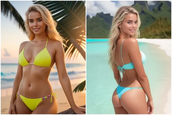 Montagem com duas fotos de Milla Sofia, uma modelo criada por inteligência artificial. Ela está de biquíni amarelo na primeira foto e biquíni azul na segunda foto - Metrópoles