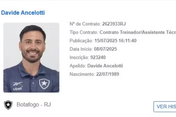 Imagem colorida do anúncio do treinador Davide Ancelotti no BID da CBF