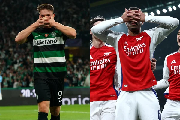 Foto colorida de Gyokeres e Gabriel Magalhães, do Sporting e Arsenal, respectivamente - Metrópoles