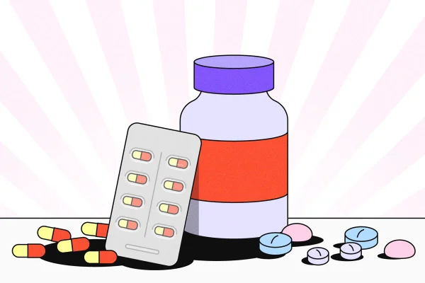 Ilustração mostra medicamentos antidepressivos apoiados em um frasco de remédio
