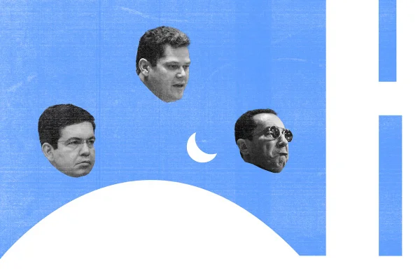 Em arte, desenho do Senado Federal é visto sob fundo azul, com uma lua ao fundo. Sob a cúpula do prédio, os rostos dos senadores Randolfe Rodrigues (REDE/AP), Davi Alcolumbre (União Brasil/AP) e Jorge Kajuru (Cidadania/GO) - Metrópoles