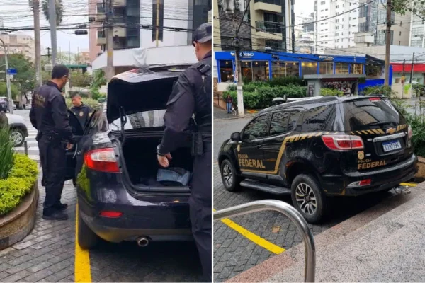 Imagem colorida mostra agentes da PF durante operação contra produtora de Dark Horse. Metrópoles