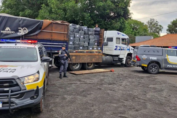 Imagem colorida mostra caminhão com maconha escondida em carga de madeira. Caminhoneiro que dirigia o veículo foi preso - Metrópoles