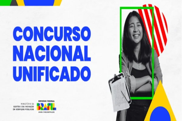 Arte colorida com o tema do concurso nacional unificado, e ao lado uma mulher sorrindo
