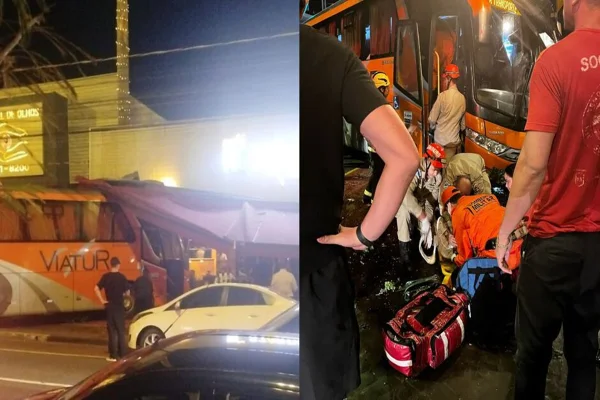 Imagem colorida, bombeiros atendendo a vítima e ônibus desgovernado- Metrópoles