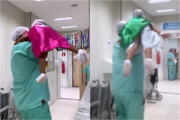 médico com criança com capa