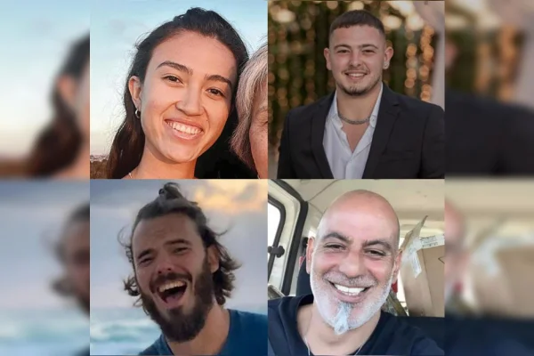 imagem colorida mostra montagem de fotos com quatro fotos de reféns resgatados em Gaza - Metrópoles