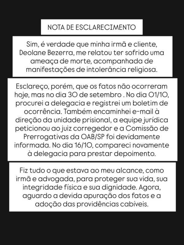 Daniele Bezerra confirma ameaça de morte contra Deolane - destaque galeria Daniele Bezerra confirma ameaça de morte contra Deolane - destaque galeria
