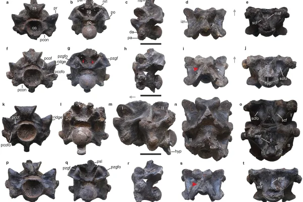 Imagem colorida de vertebras de cobra gigante - Metrópoles