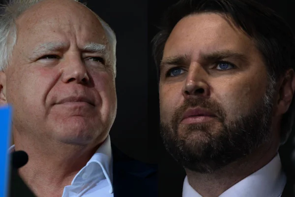 Montagem com fotos coloridas de Tim Walz e JD Vance - Metrópoles