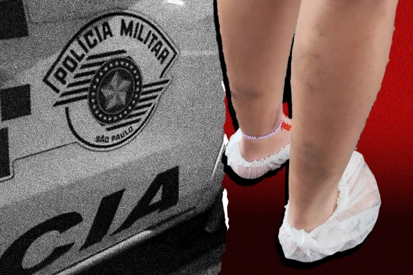 Esquerda, porta de viatura da PM de São Paulo; direita, pernas de jovem do sexo feminino com hematomas - Metrópoles