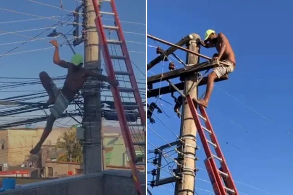 imgem colorida homem sem camisa descendo de poste - metrópoles