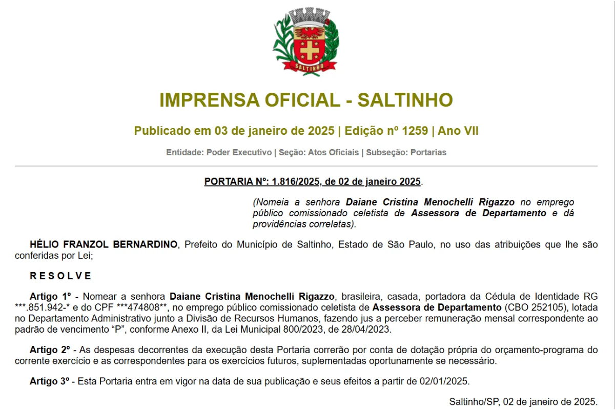 Daiane Menochelli, servidora pública, foi indicada ao cargo por Helio Bernardino em 2025 Daiane Menochelli, servidora pública, foi indicada ao cargo por Helio Bernardino em 2025