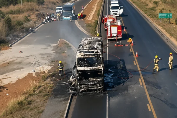 Ônibus com 65 passageiros pega fogo e interdita rodovia em MG - destaque galeria Ônibus com 65 passageiros pega fogo e interdita rodovia em MG - destaque galeria