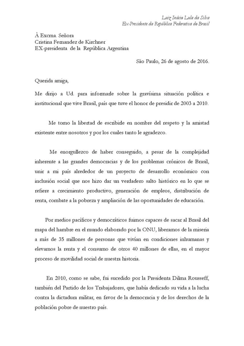 Em carta a Kirchner, Lula fala em conspiração contra Dilma e contra PT - imagem 1 Em carta a Kirchner, Lula fala em conspiração contra Dilma e contra PT - imagem 1
