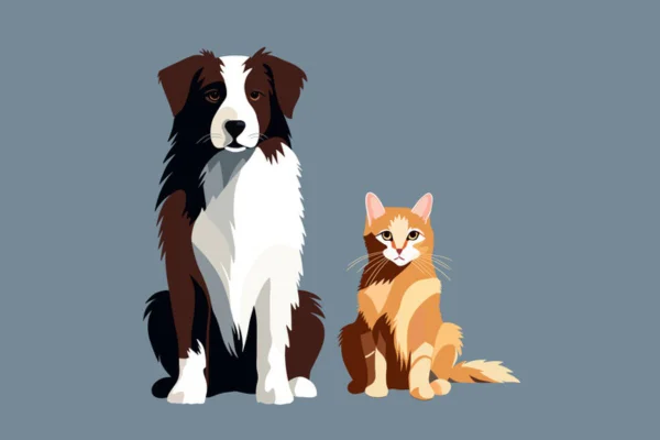 Arte colorida de um gato e um cachorro, um ao lado do outro