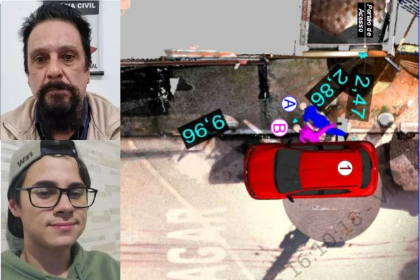 Lateral esquerda, foto de homem de meia idade, em cima, de cavanhaque.Sob ele, jovem sem barba, de boné. Ao lado deles, visão aérea de ruam, com carro e dois corpos no chão, feitos com computação gráfica - Metrópoles