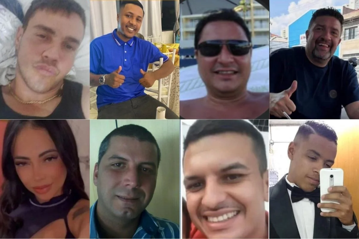 Imagem colorida de montagem com rostos de vítimas de metanol. Metrópoles