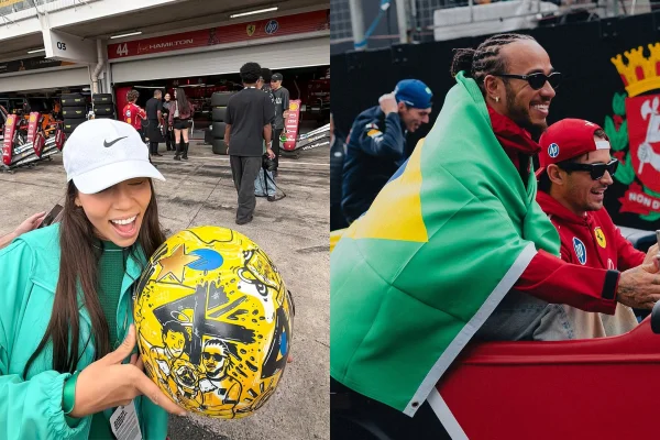 Influenciadora conquista as redes sociais com capacete personalizado para Lewis Hamilton