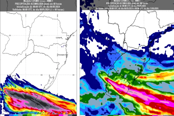 Figura 1: Precipitação (chuva), em milímetros (mm), acumulada em (a) 48h até as 9h de quarta-feira (8) pelo modelo Cosmo 2,8 km e (b) 168h até 9h de domingo (12) pelo modelo Cosmo 7 km/Metrópoles