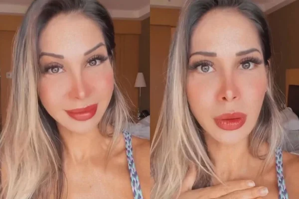 Montagem de duas fotos coloridas mostra Maíra Carid, esposa de Arthur aguiar, falando para seus seguidores em seus stories