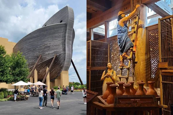 montagem com foto de arca gigante e pessoas de cera em cenario interno do barco - metrópoles