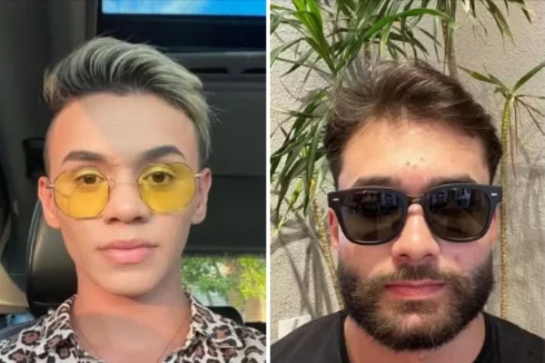 Imagem colorida de montagem com foto do cabeleireiro e do homem que o matou com facadas. Metrópoles
