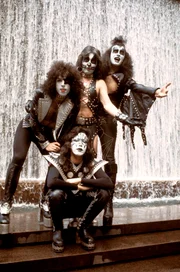 UNITED STATES - JANUARY 01:  Photo of Paul STANLEY and KISS and Ace FREHLEY and Gene SIMMONS and Peter CRISS; L-R (back): Paul Stanley, Peter Criss, Gene Simmons; (front): Ace Frehley - posed, group shot  (Photo by Steve Morley/Redferns)