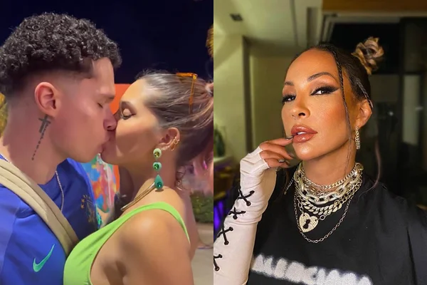 À esquerda, MC Pablinho e Dora Figueiredo se beijam na Farofa da Gkay; à direita, Valesca Popozuda - Metrópoles
