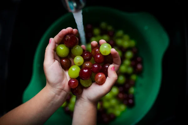Imagem mostra mãos de criança lavando uvas verdes e roxas - Metrópoles