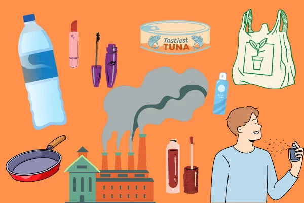 Arte com várias ilustrações de produtos tóxicos do dia a dia - Metrópoles