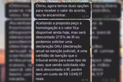 Mensagem sobre o valor do acordo