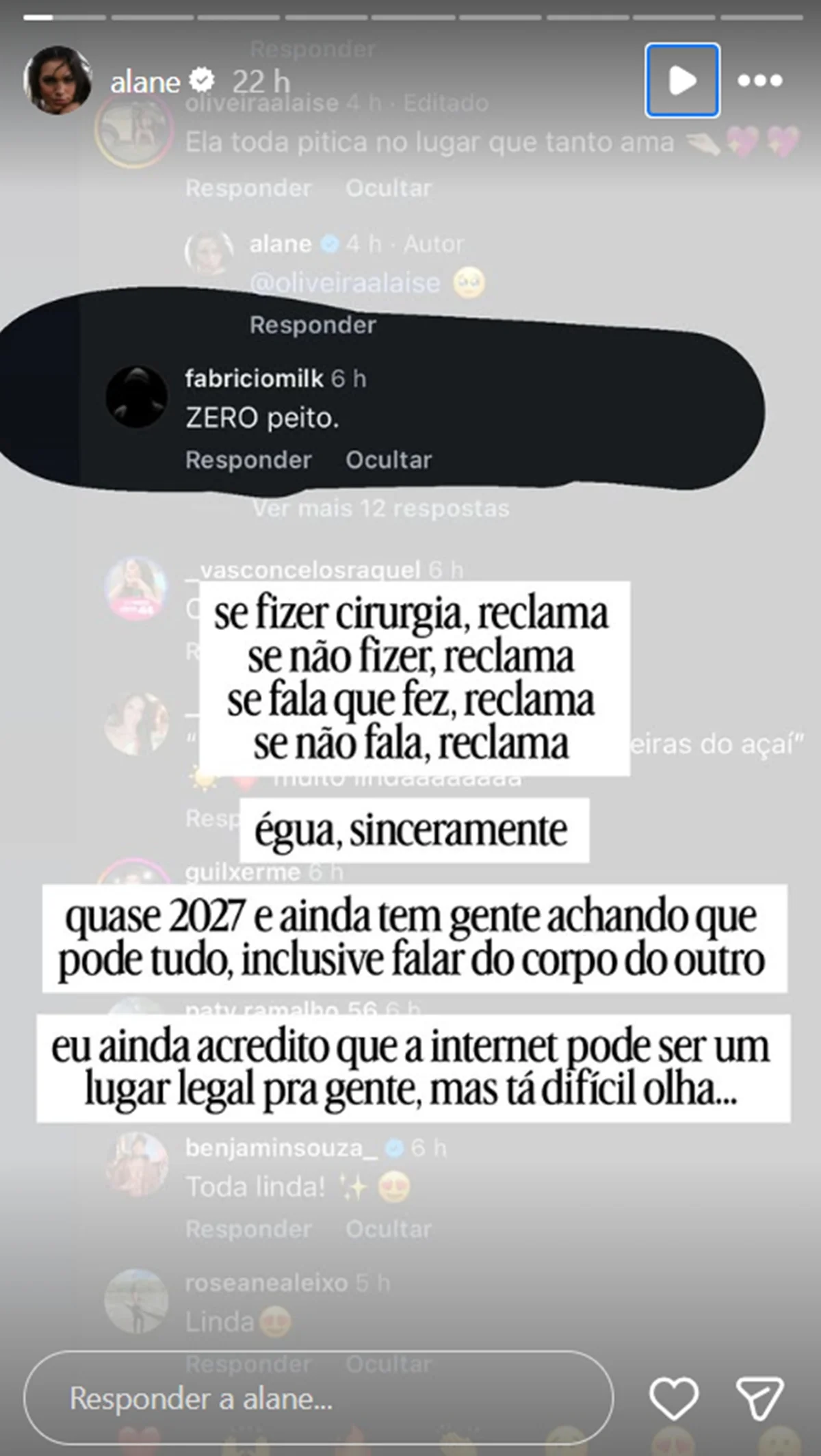 Alane Dias se irrita após críticas ao seu corpo e detona: “Tá difícil” - imagem 1 Alane Dias se irrita após críticas ao seu corpo e detona: “Tá difícil” - imagem 1