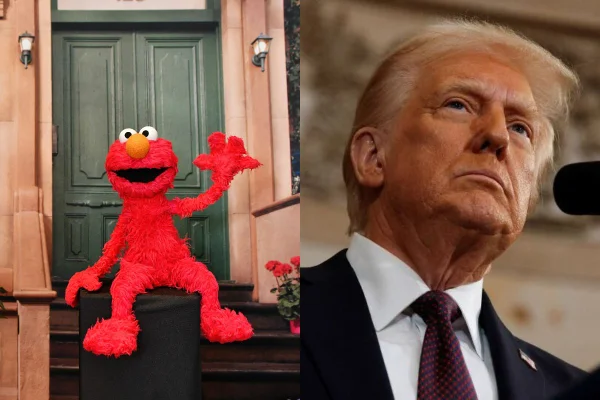 Imagem colorida de Elmo personagem da Vila Sésamo e Donald Trump, presidente dos EUA - Metrópoles