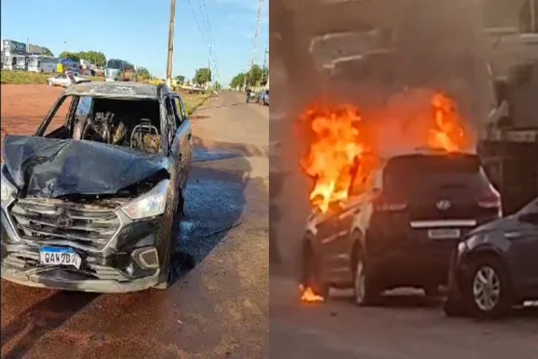 Imagem colorida de carro em chamas - Metrópoles